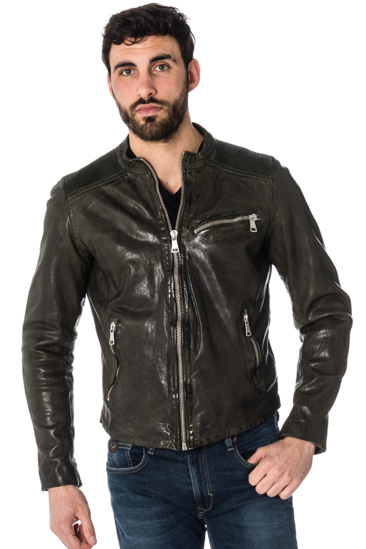 Distressed khaki sheepskin leather jacket - Image n°4