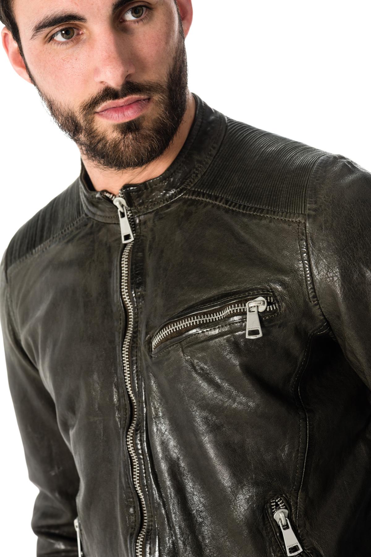 Distressed khaki sheepskin leather jacket - Image n°5