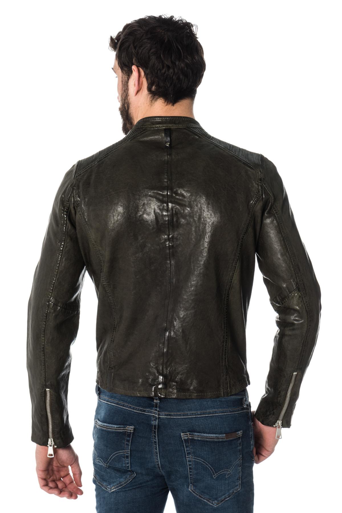 Distressed khaki sheepskin leather jacket - Image n°6