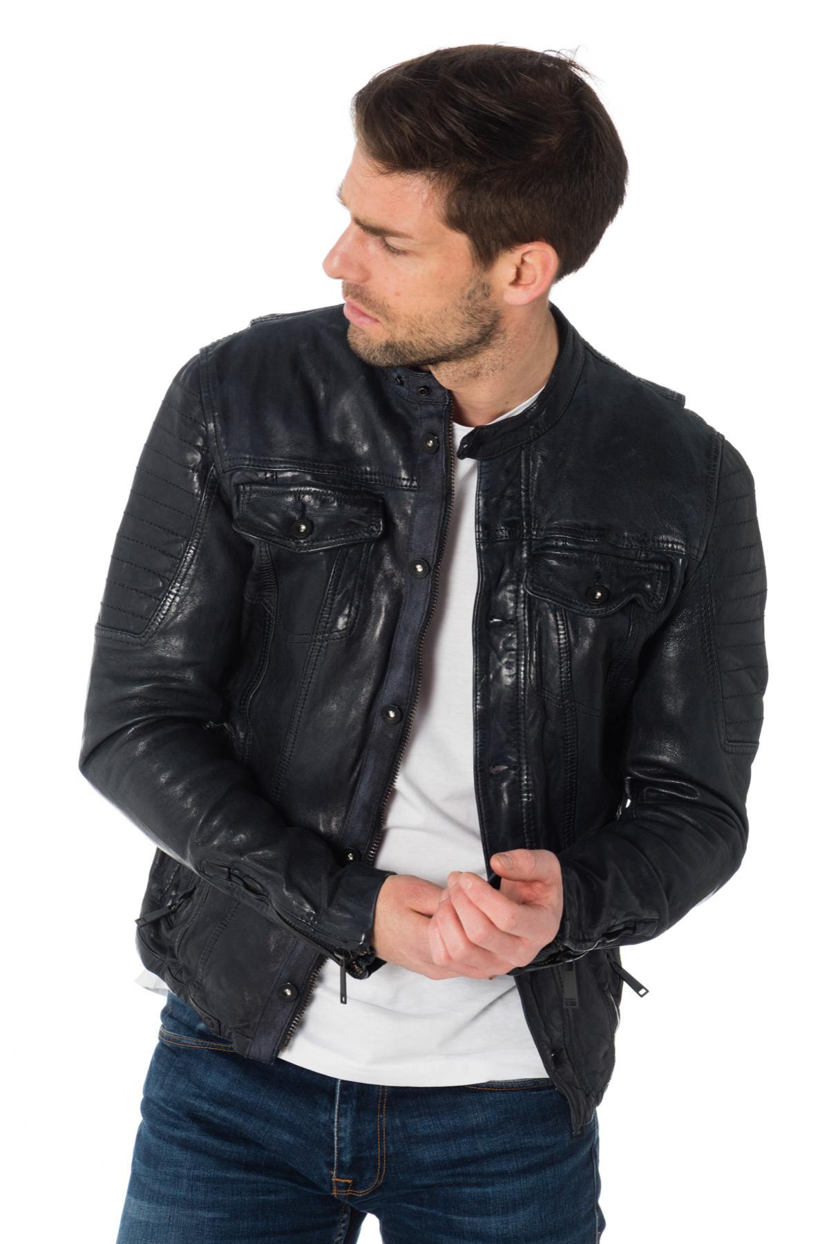 Navy blue sheepskin leather jacket with crinkled effect - Image n°4