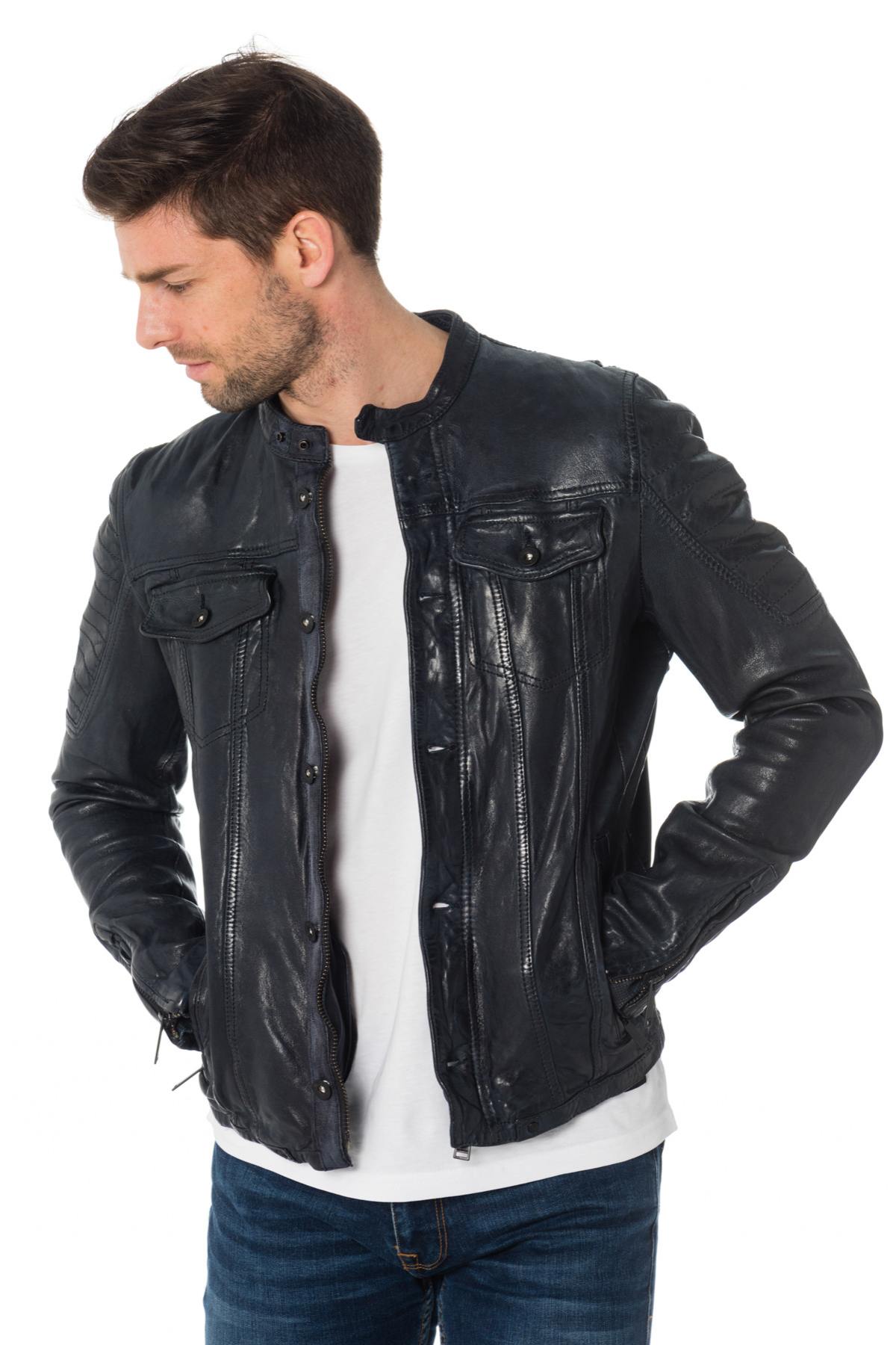 Navy blue sheepskin leather jacket with crinkled effect - Image n°1