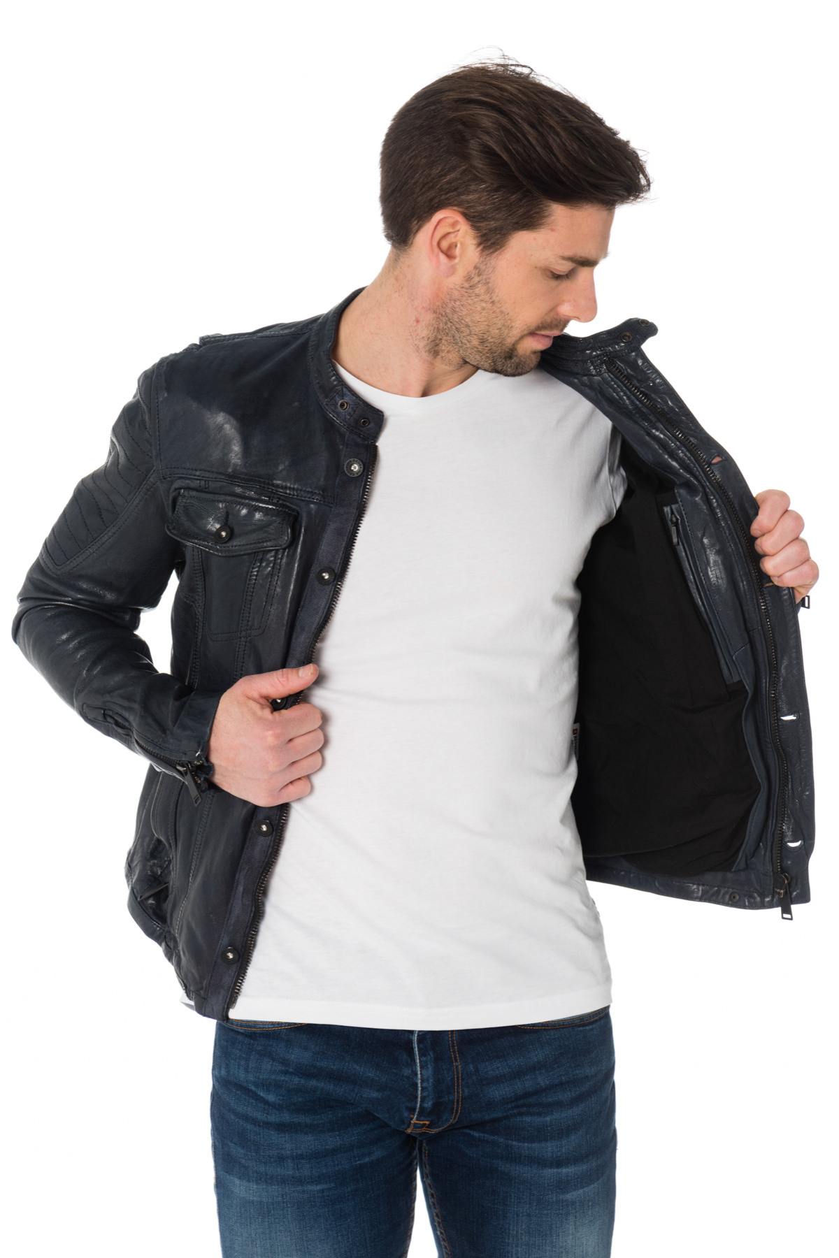 Navy blue sheepskin leather jacket with crinkled effect - Image n°5