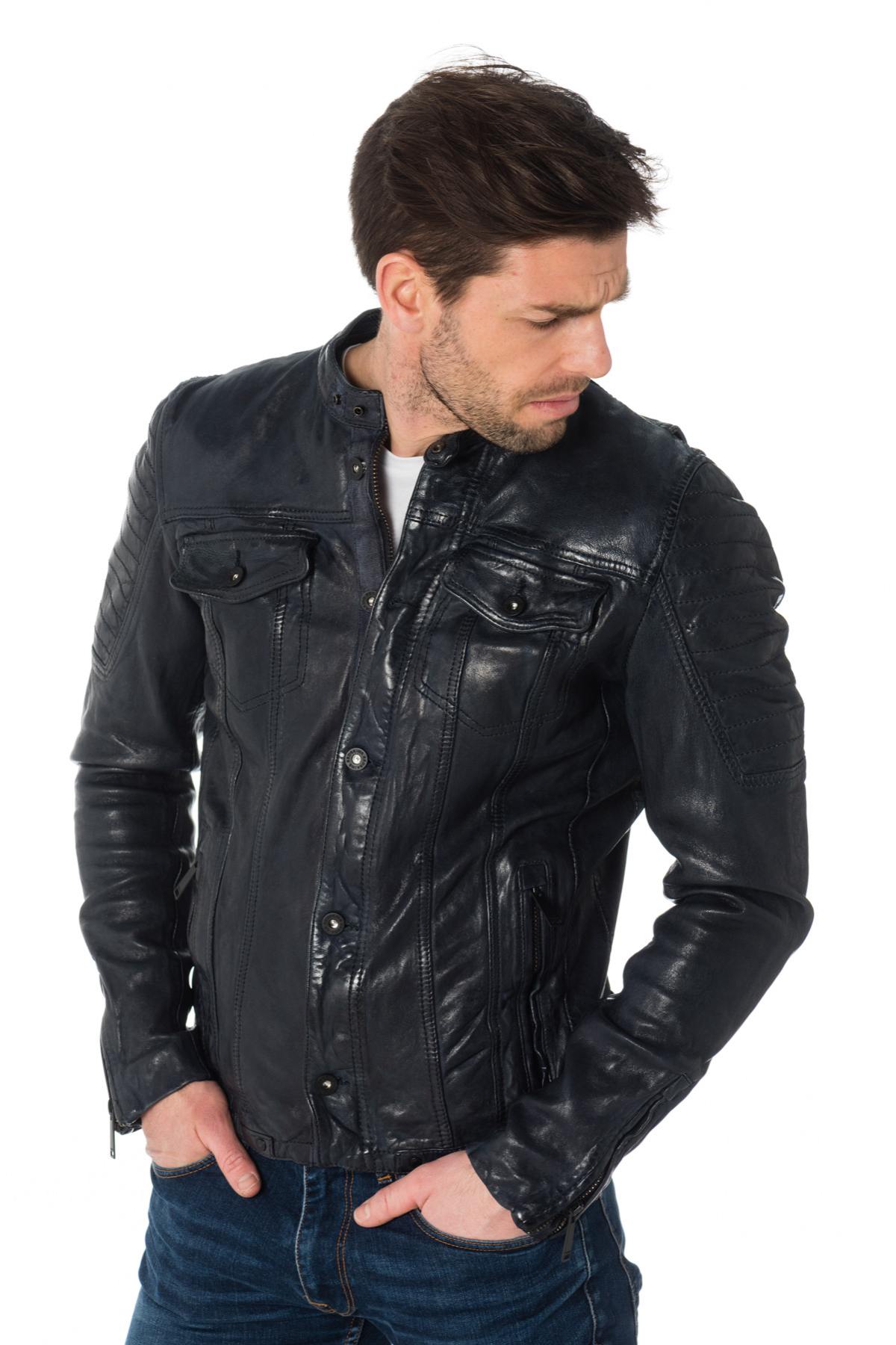 Navy blue sheepskin leather jacket with crinkled effect - Image n°3