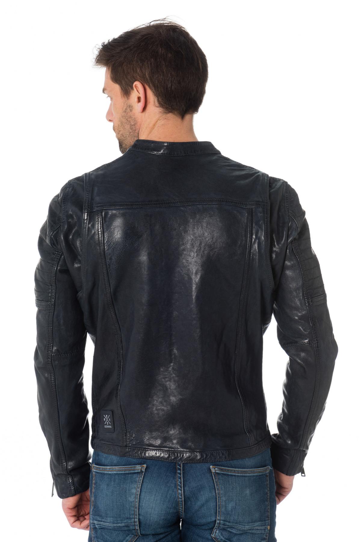 Navy blue sheepskin leather jacket with crinkled effect - Image n°6