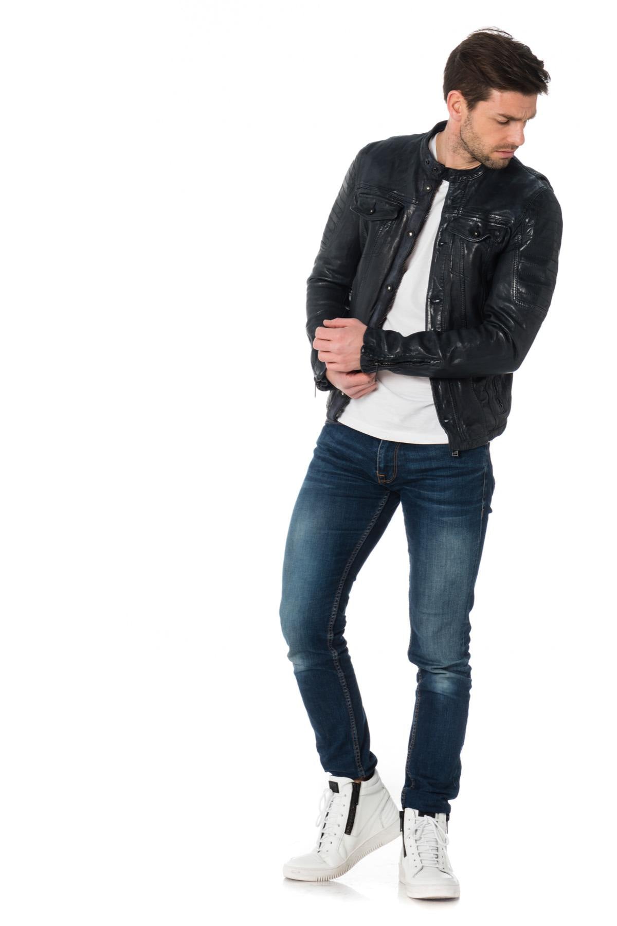 Navy blue sheepskin leather jacket with crinkled effect - Image n°2