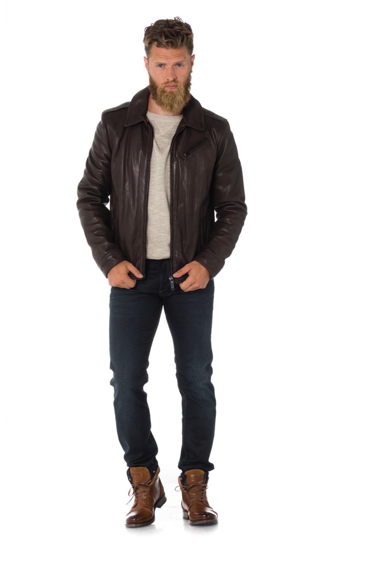 Brown cowhide leather jacket with shirt collar - Image n°2