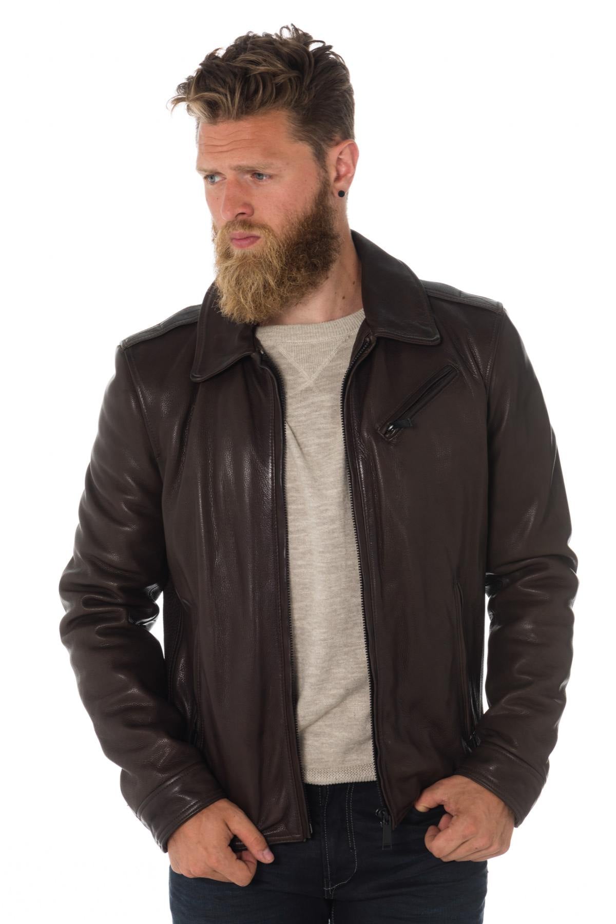 Brown cowhide leather jacket with shirt collar - Image n°5