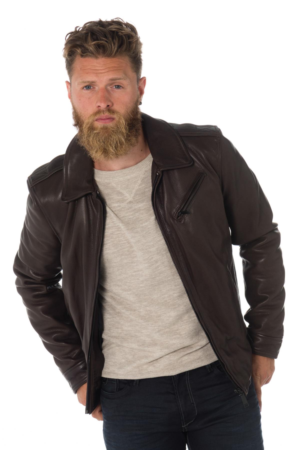 Brown cowhide leather jacket with shirt collar - Image n°8