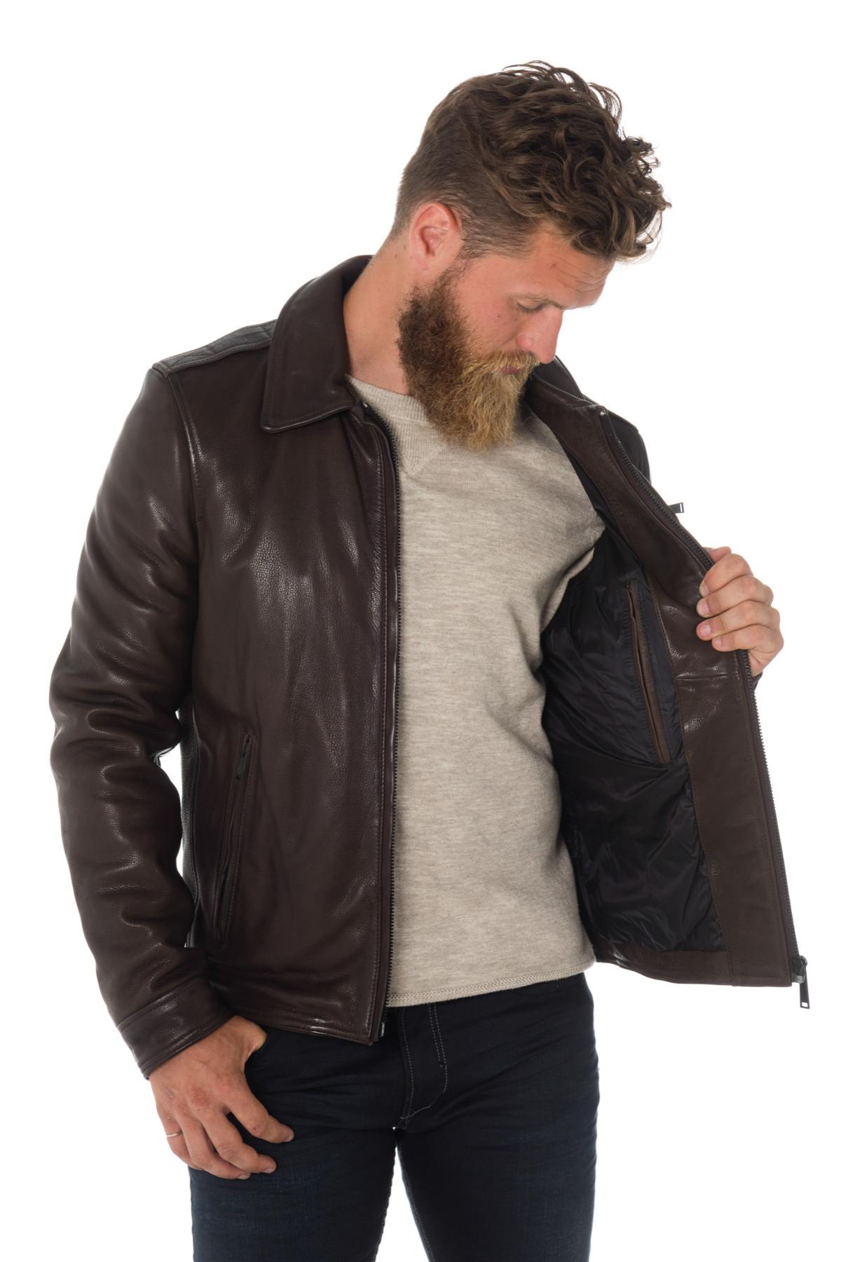 Brown cowhide leather jacket with shirt collar - Image n°6