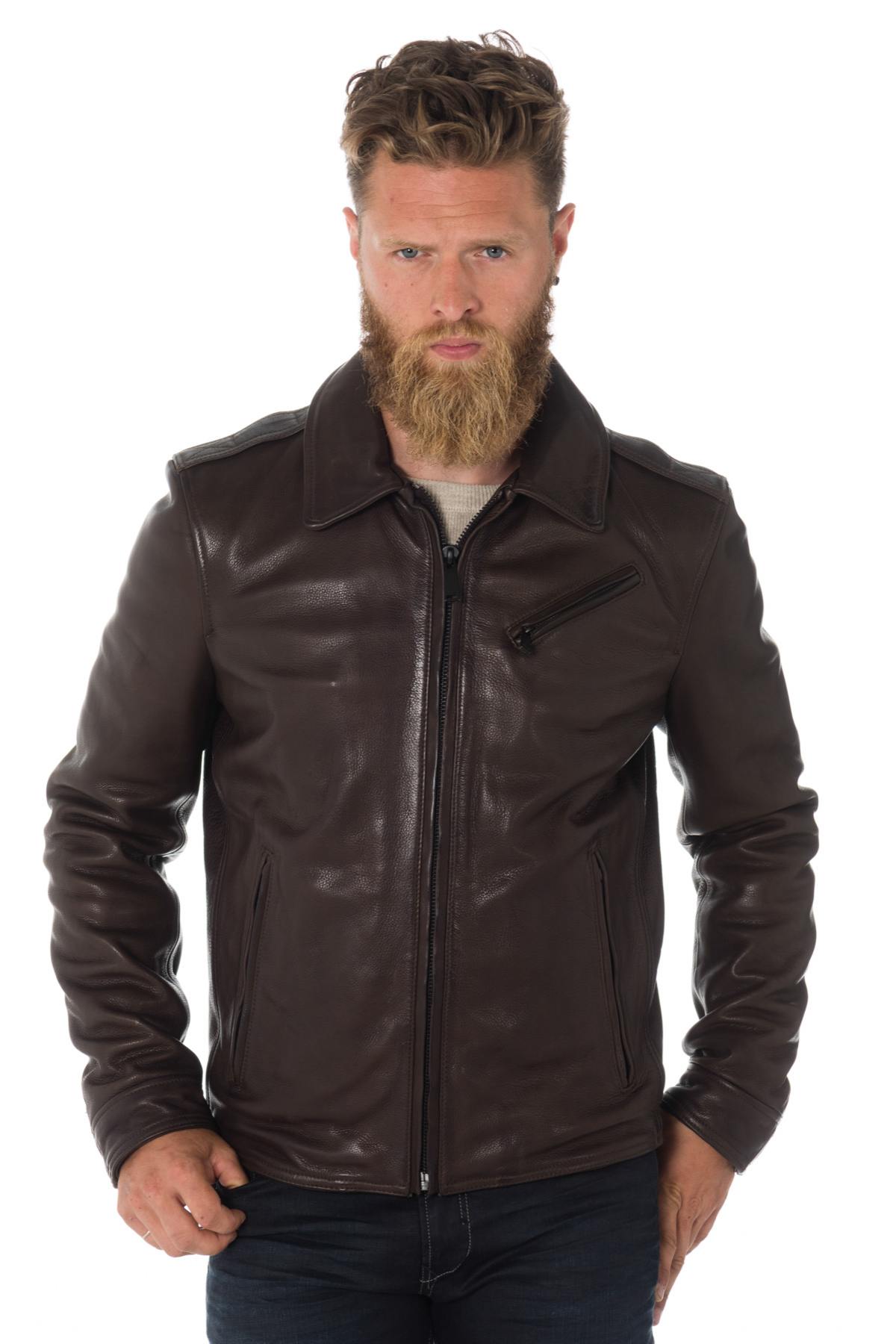 Brown cowhide leather jacket with shirt collar - Image n°1