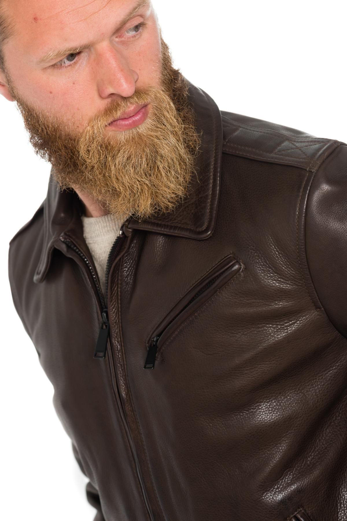 Brown cowhide leather jacket with shirt collar - Image n°3