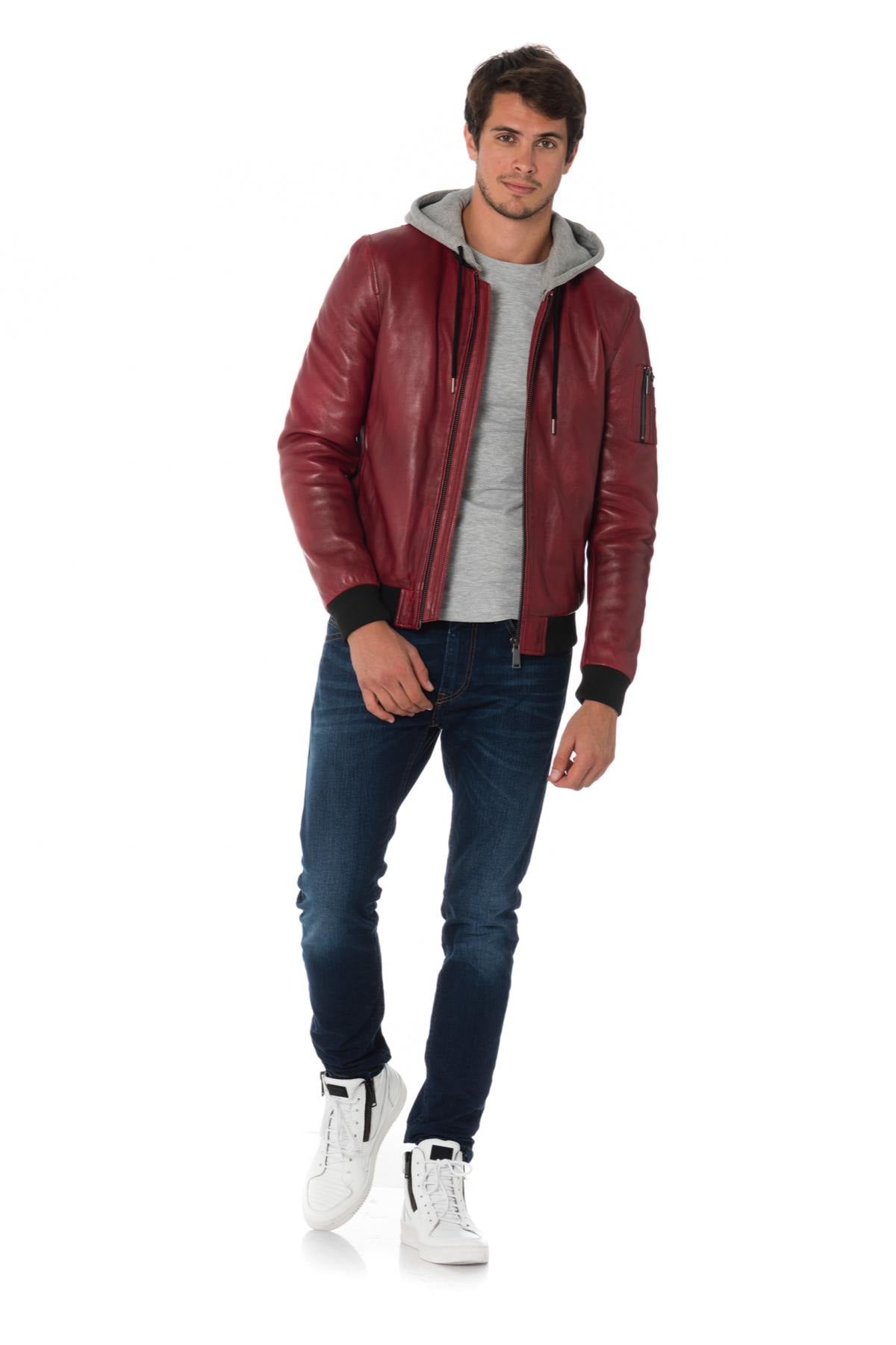 Men's red leather bomber jacket with hood Redskins - Image n°2