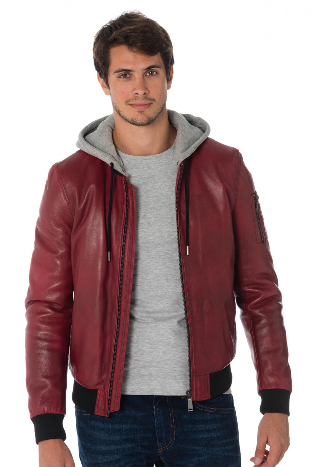 Men's red leather bomber jacket with hood Redskins - Image n°1