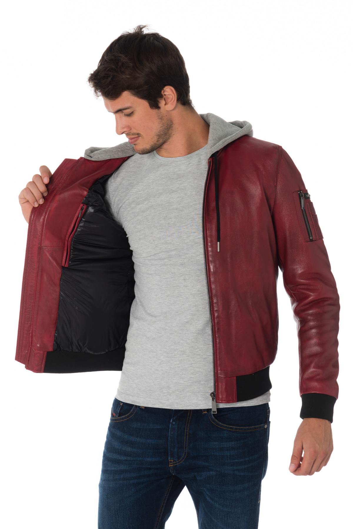 Men's red leather bomber jacket with hood Redskins - Image n°5