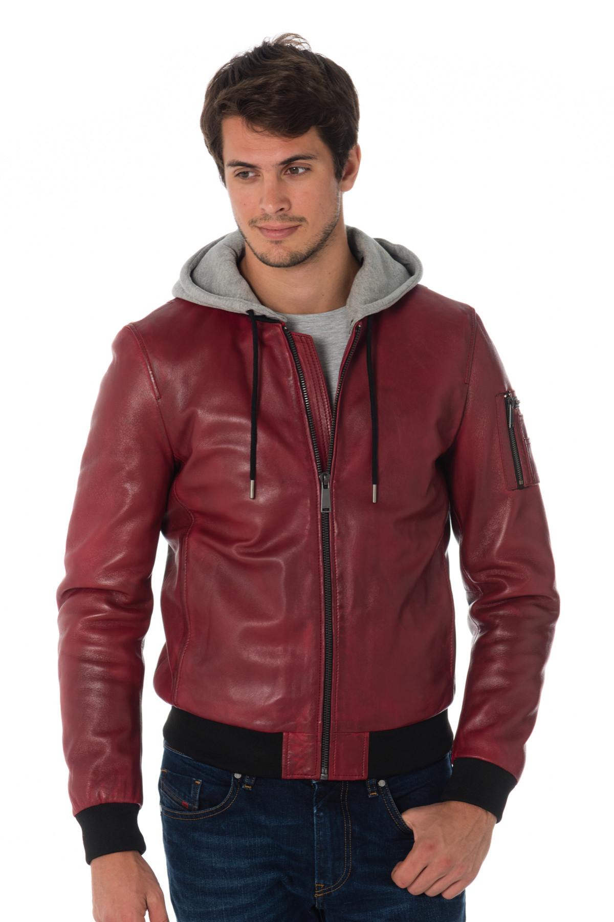 Men's red leather bomber jacket with hood Redskins - Image n°3