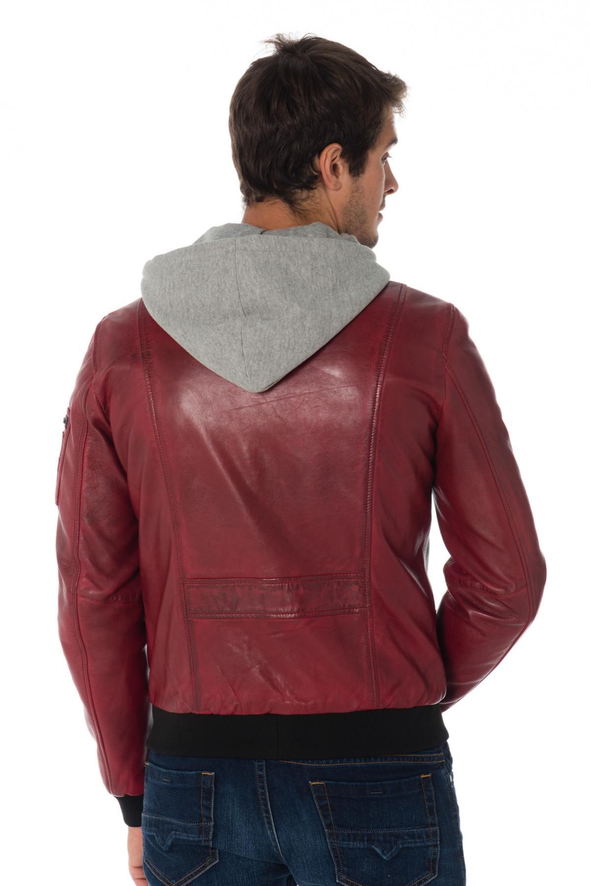 Men's red leather bomber jacket with hood Redskins - Image n°4