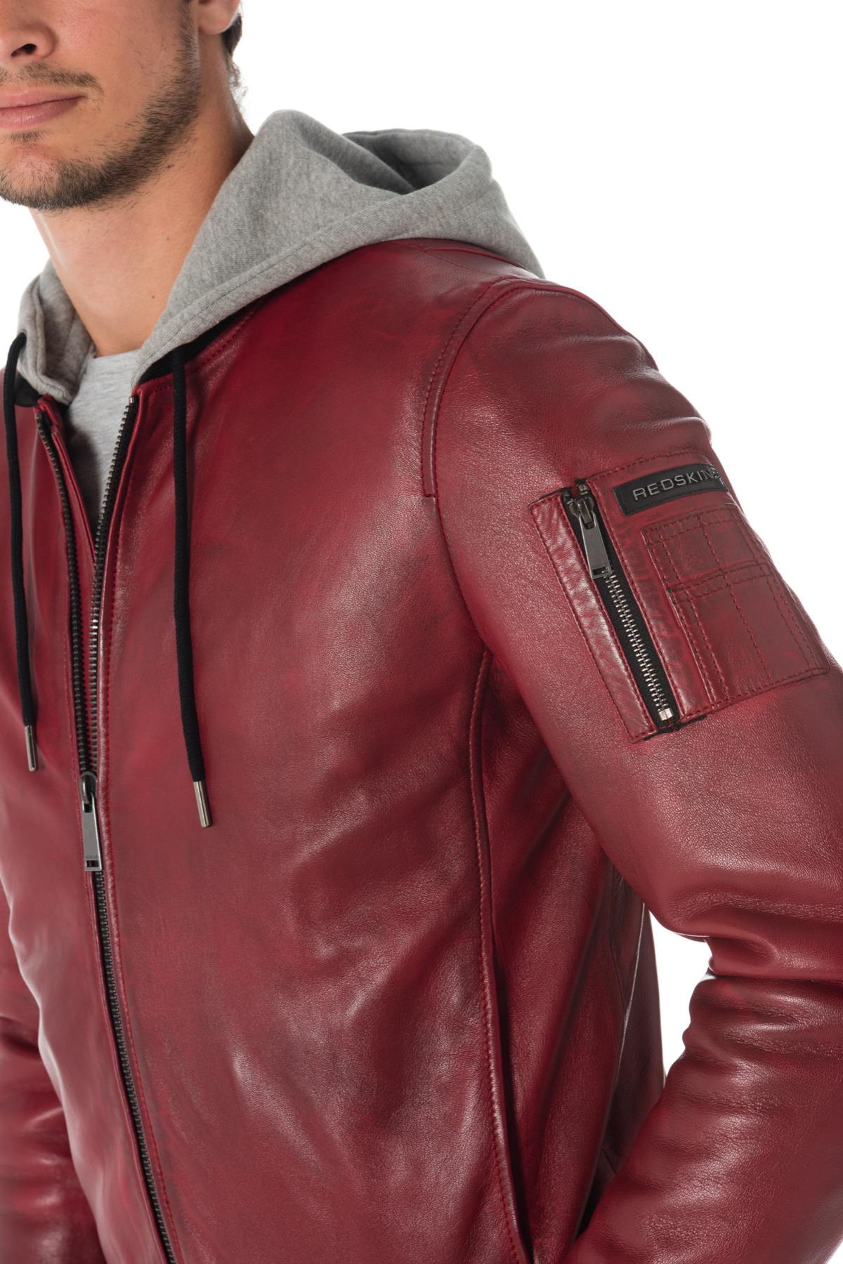 Men's red leather bomber jacket with hood Redskins - Image n°6