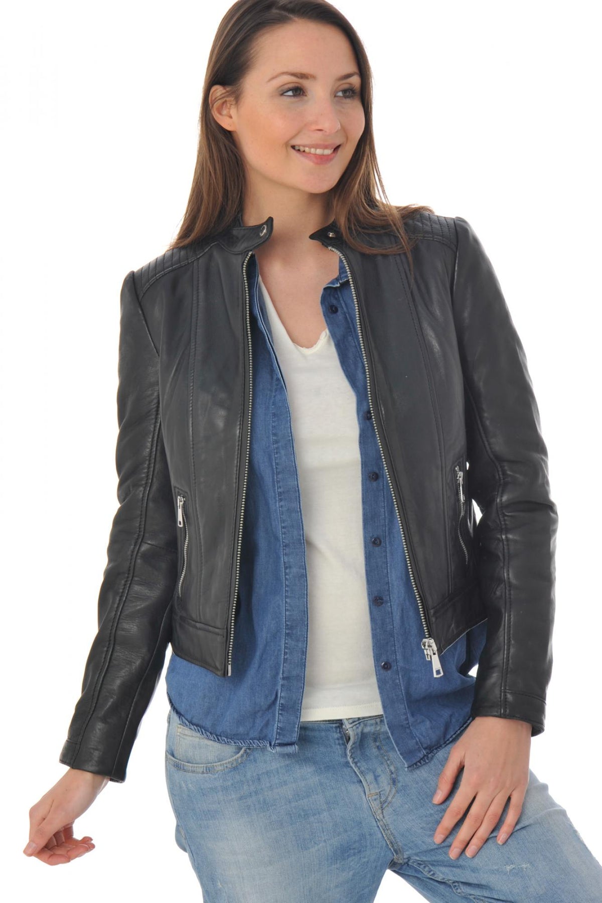 Women's biker-style leather jacket - Image n°1