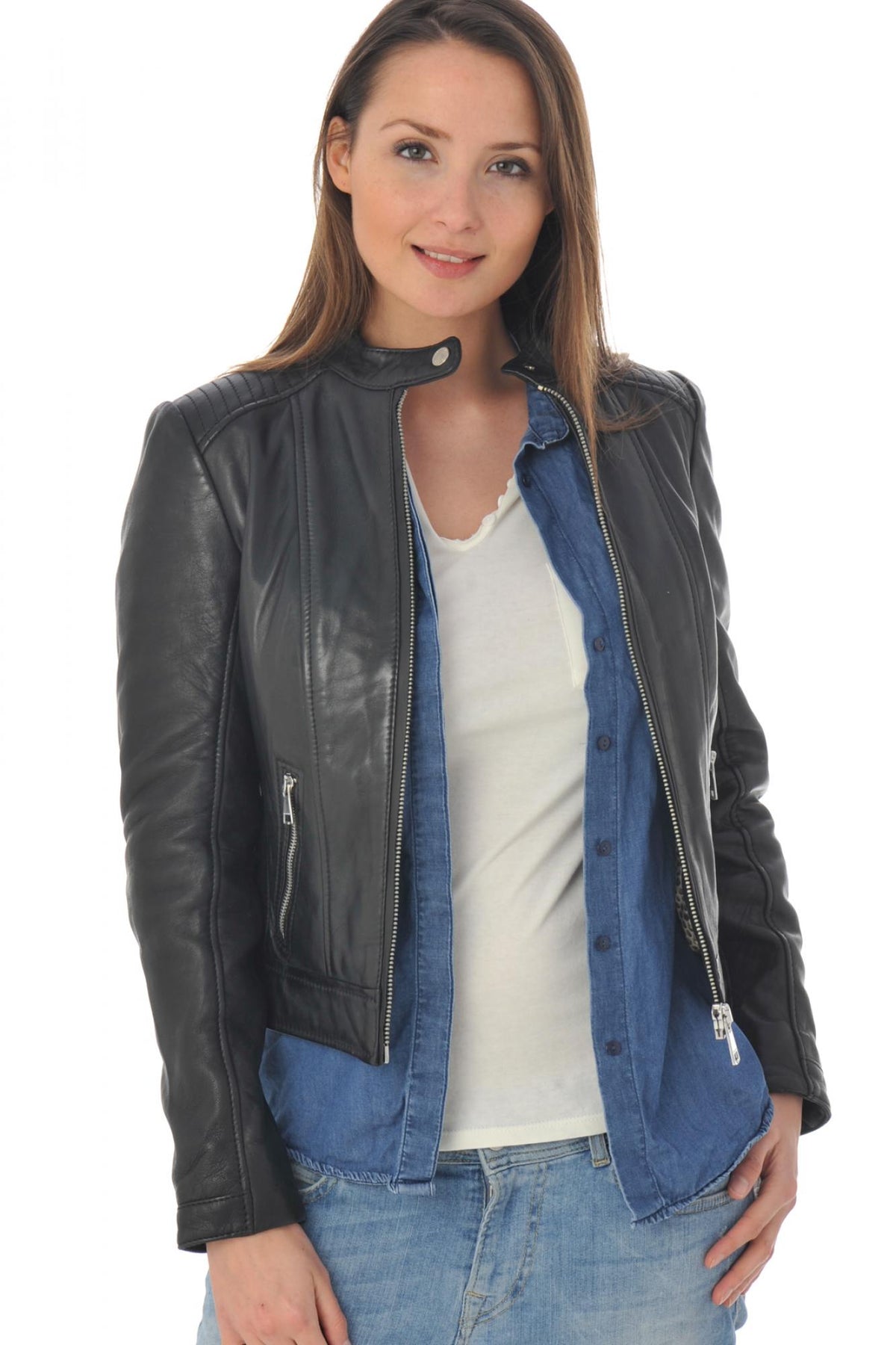 Women's biker-style leather jacket - Image n°7