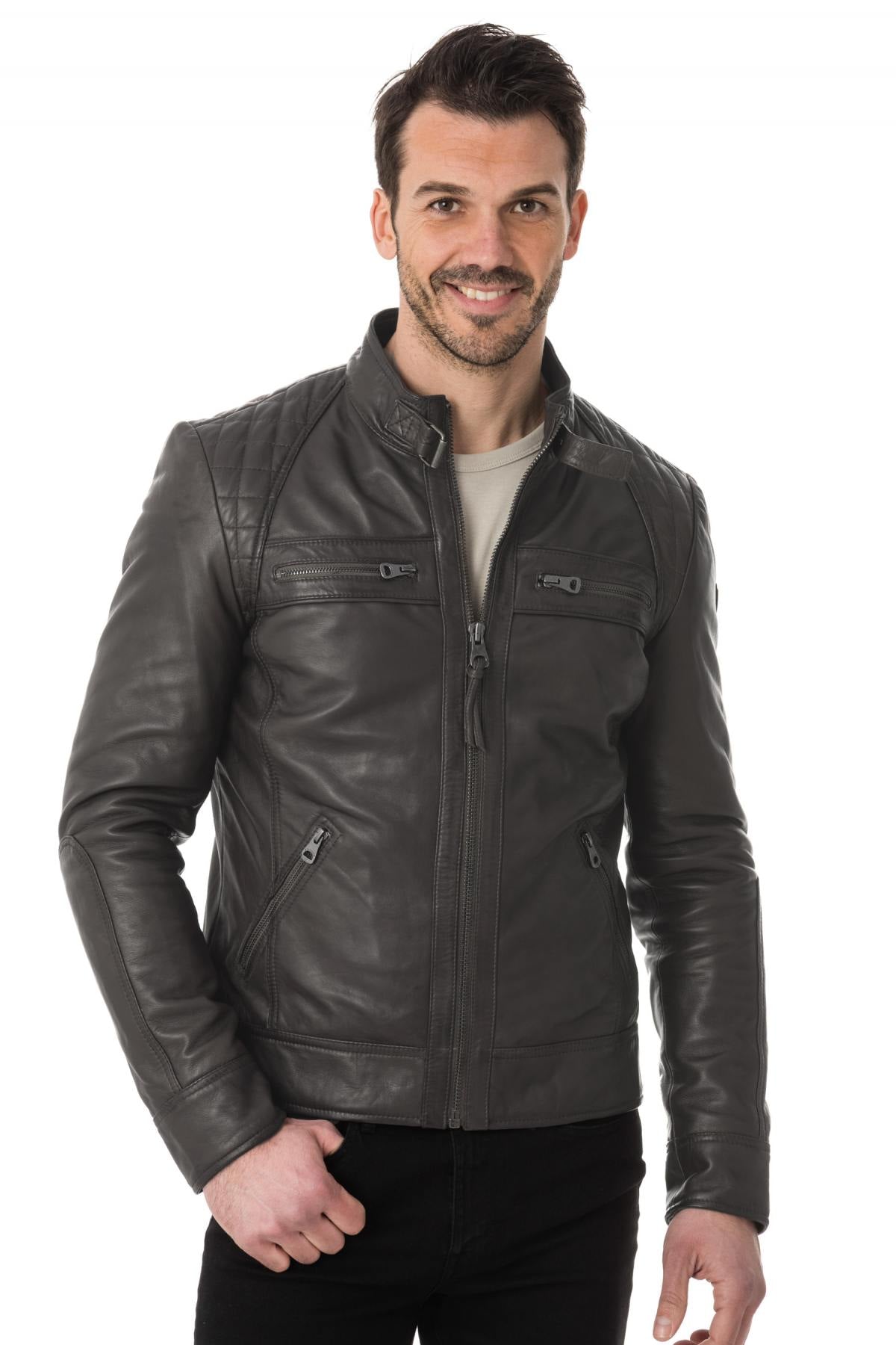 Redskins leather jacket for men in dark gray - Image n°3