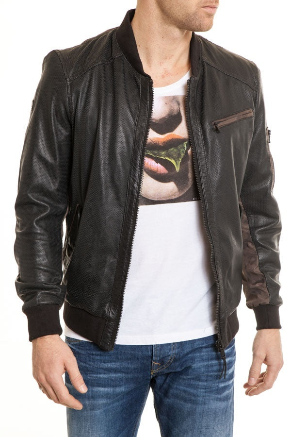 Redskins Men's Black Perforated Style Sheepskin Leather Jacket - Image n°3