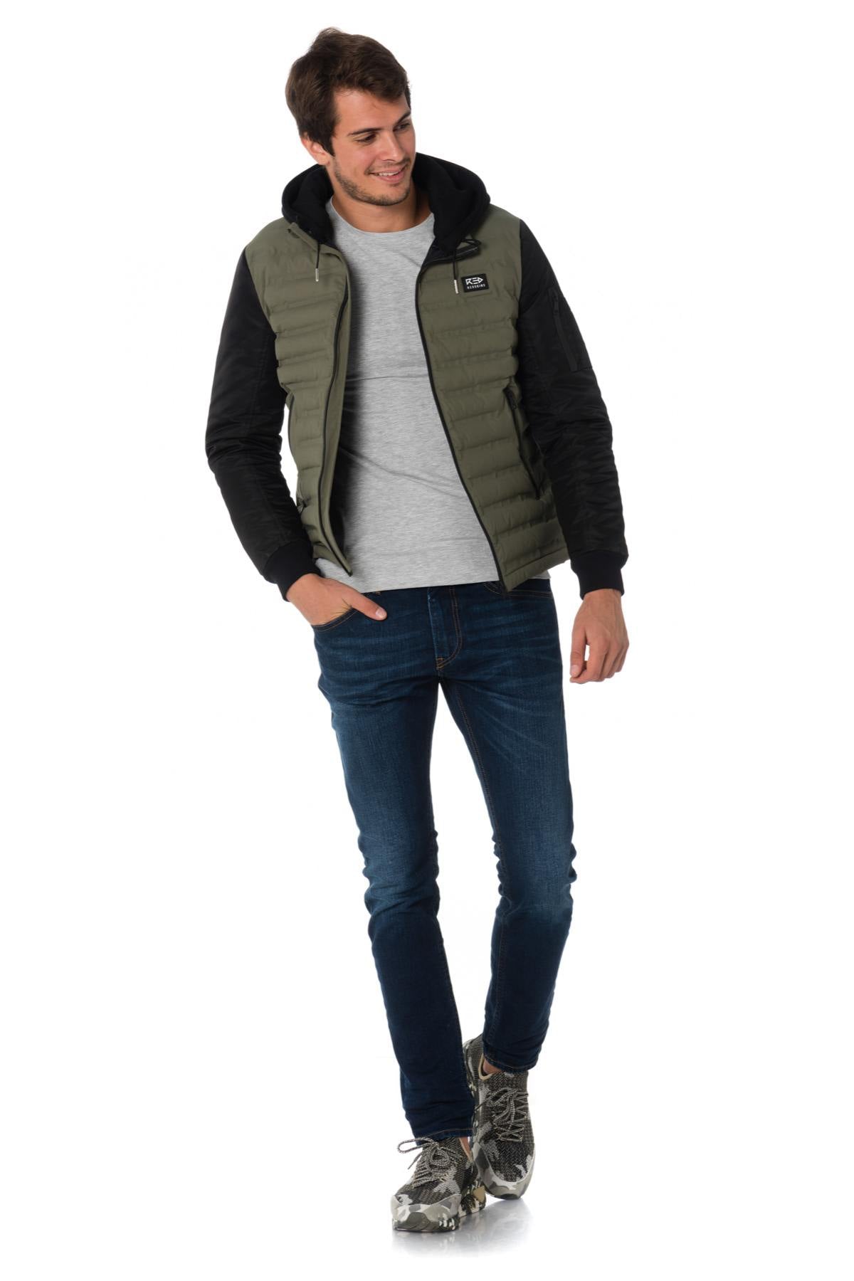 Two-tone khaki and black jacket with hood - Image n°2