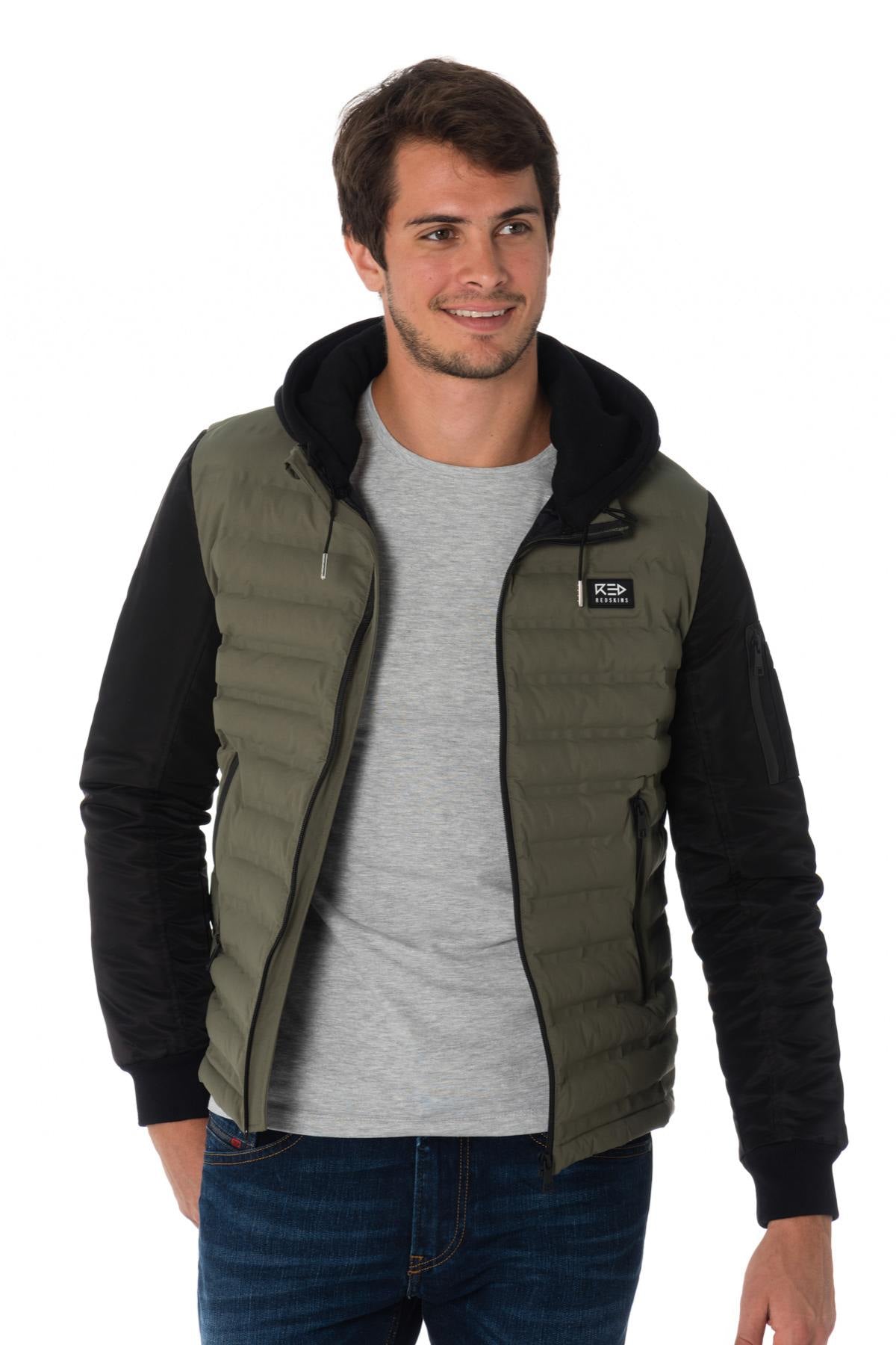 Two-tone khaki and black jacket with hood - Image n°1