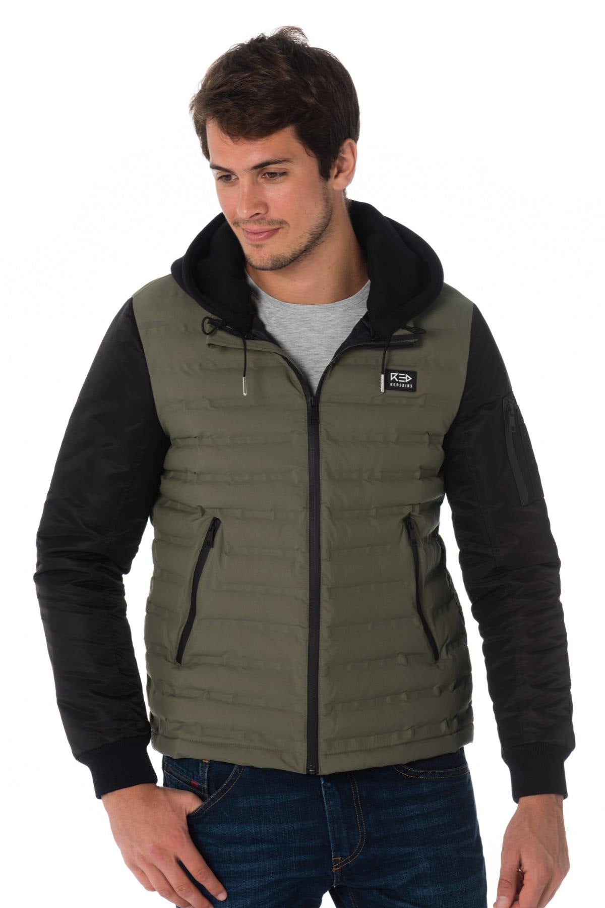 Two-tone khaki and black jacket with hood - Image n°3