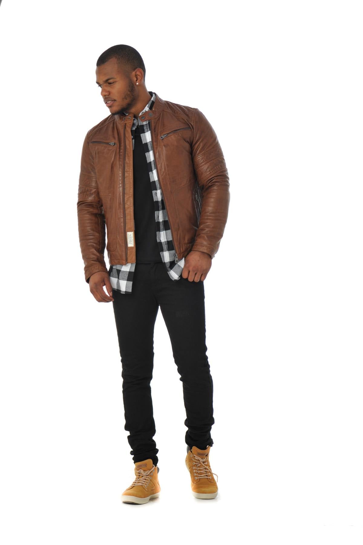 Cognac sheepskin leather biker collar jacket - Image n°2