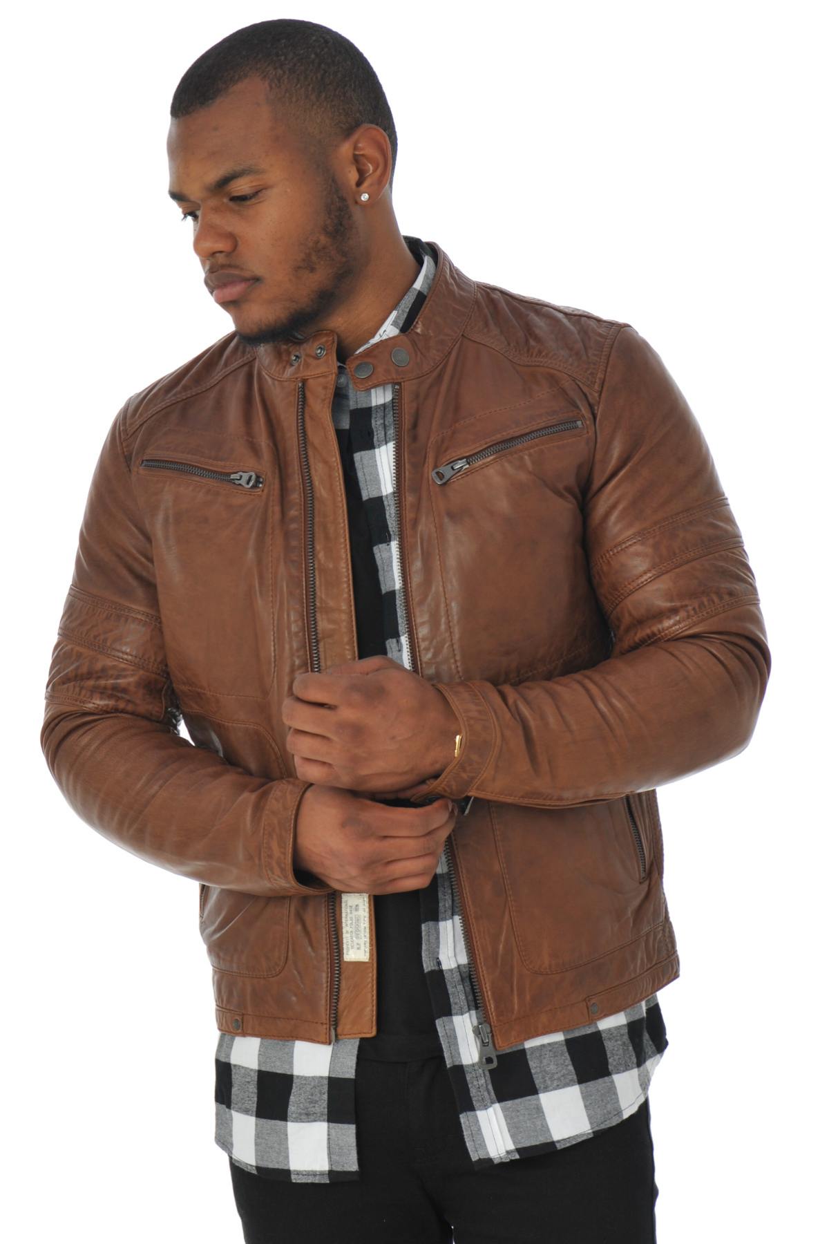 Cognac sheepskin leather biker collar jacket - Image n°3