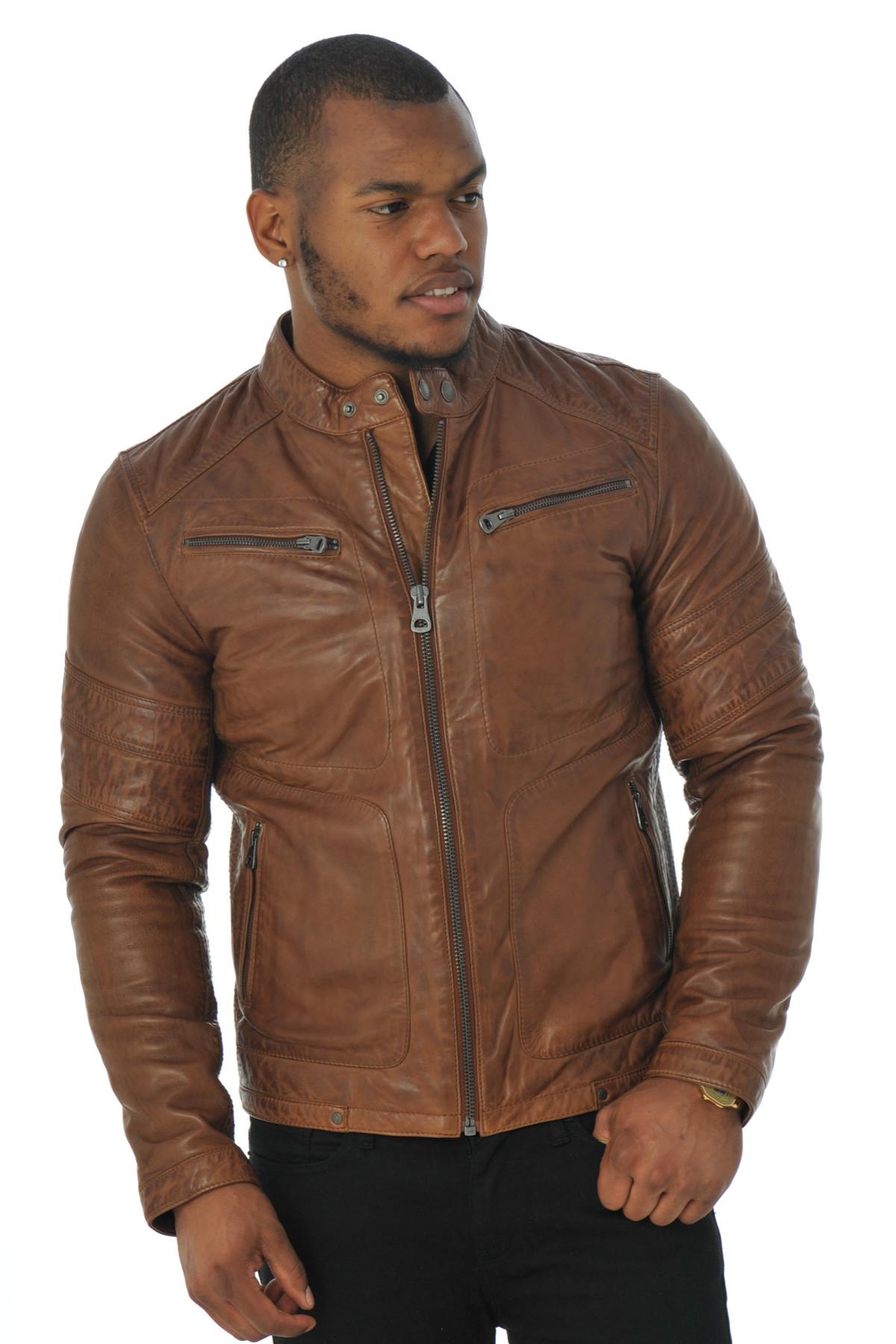 Cognac sheepskin leather biker collar jacket - Image n°1