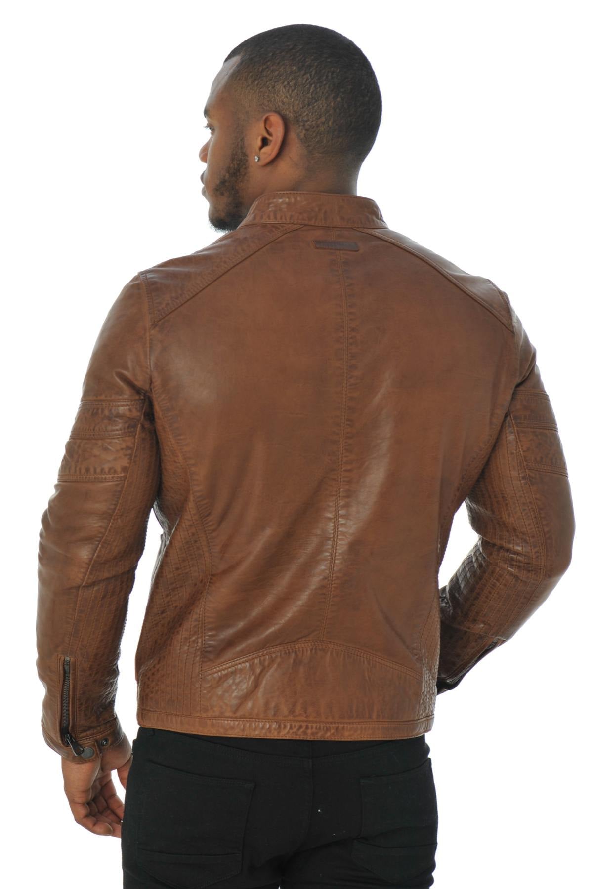 Cognac sheepskin leather biker collar jacket - Image n°5