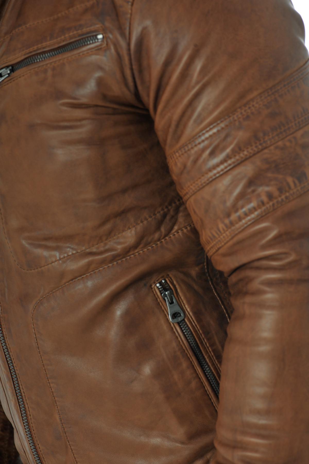 Cognac sheepskin leather biker collar jacket - Image n°6