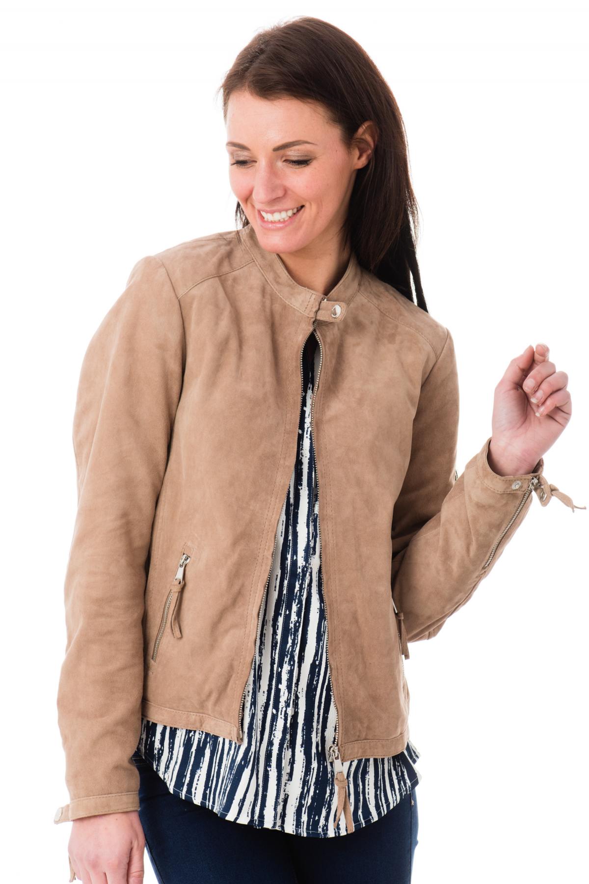 Taupe-colored leather jacket for women - Image n°1