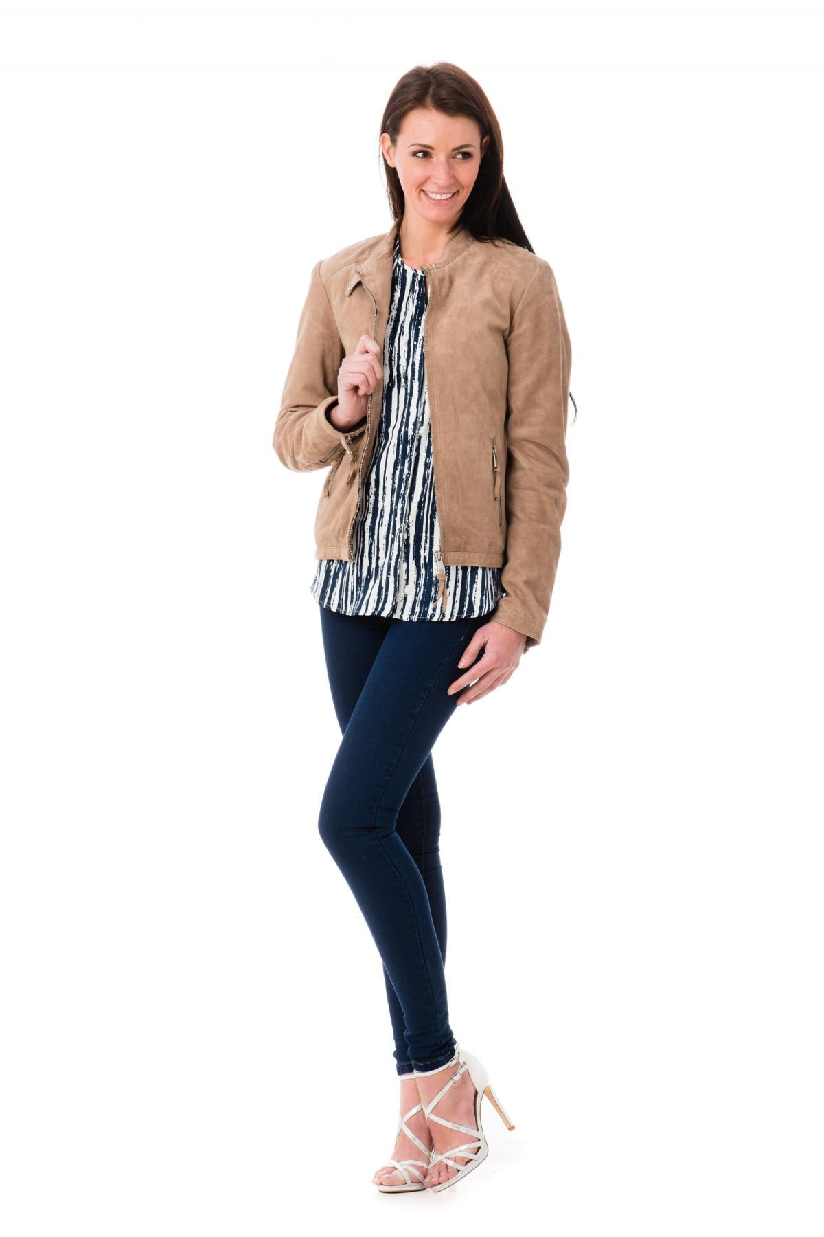 Taupe-colored leather jacket for women - Image n°2