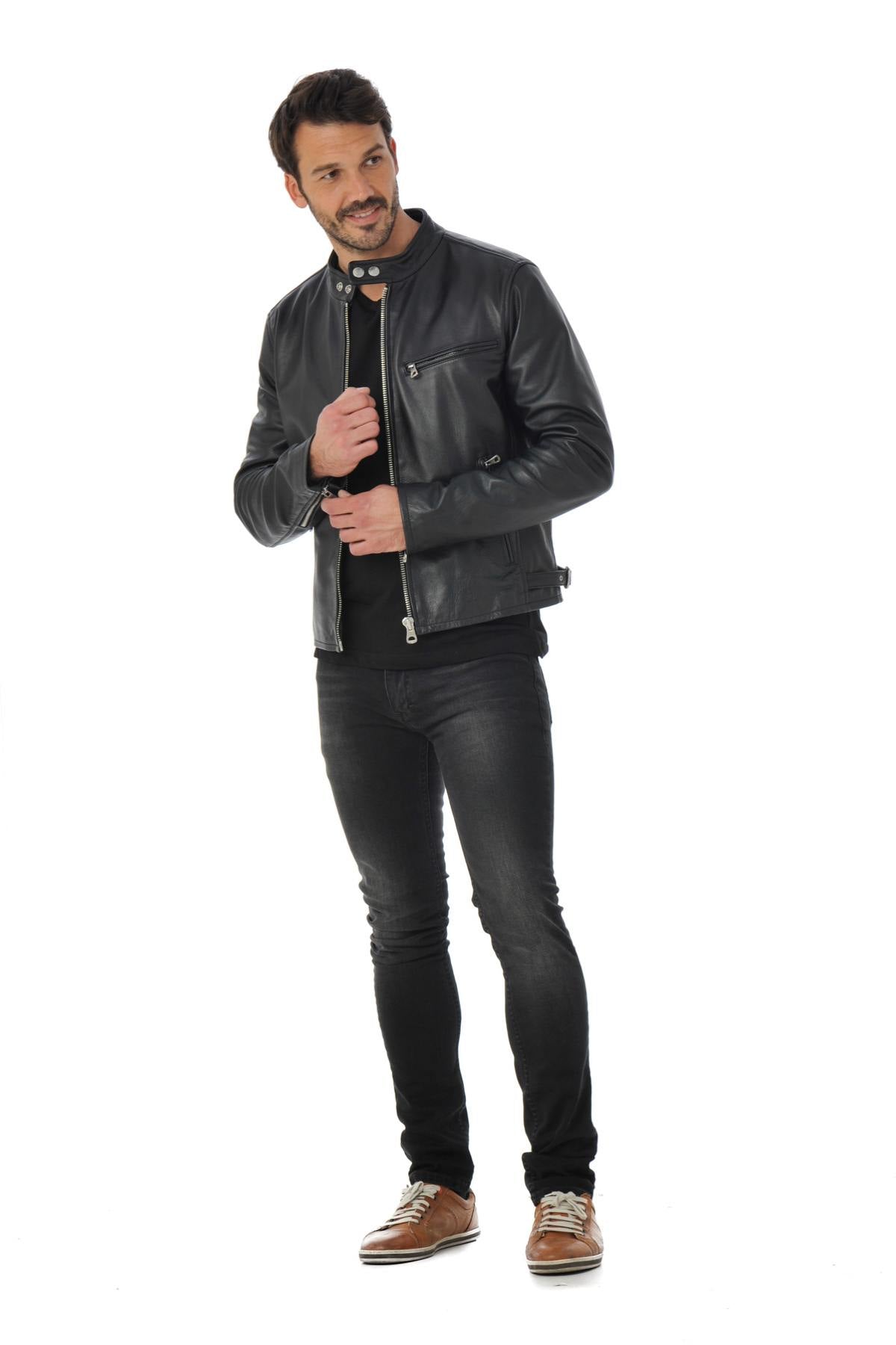 Black cowhide leather biker jacket - Image n°2