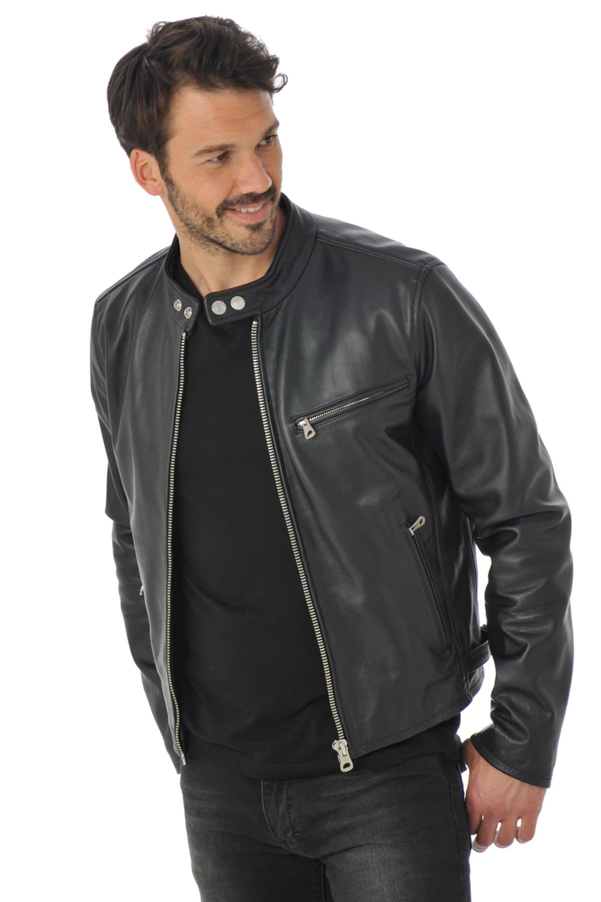 Black cowhide leather biker jacket - Image n°3