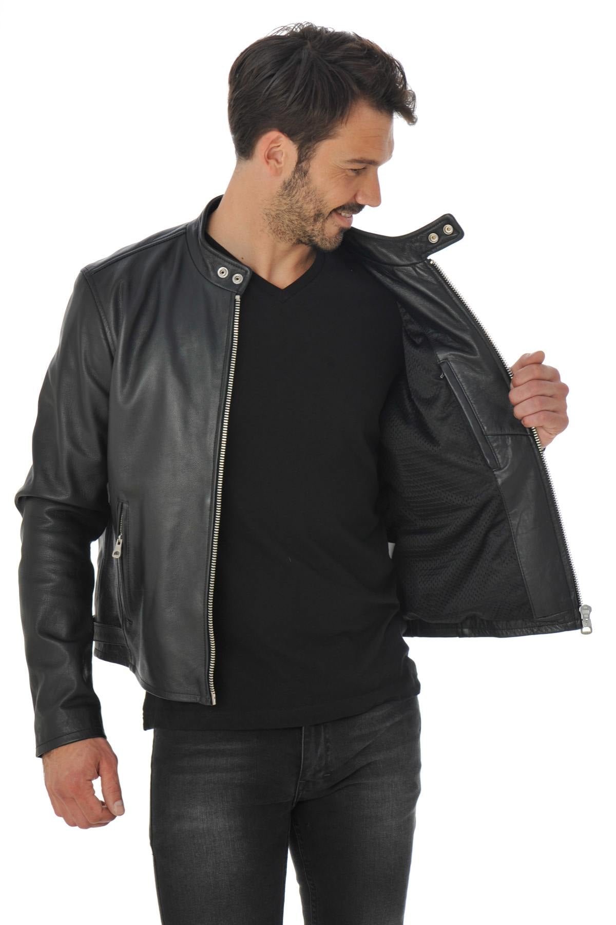 Black cowhide leather biker jacket - Image n°5