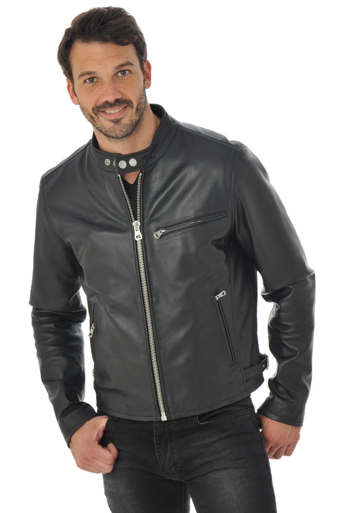 Black cowhide leather biker jacket - Image n°1