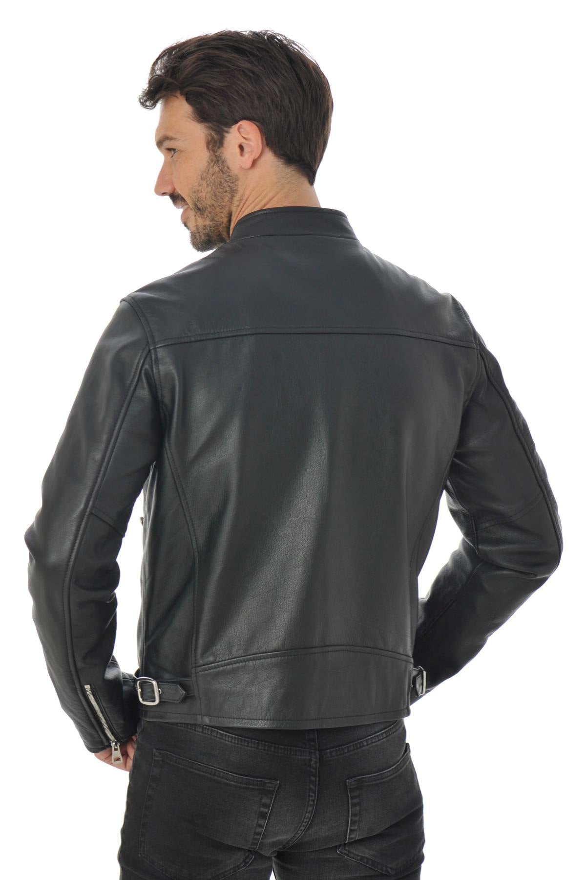 Black cowhide leather biker jacket - Image n°4