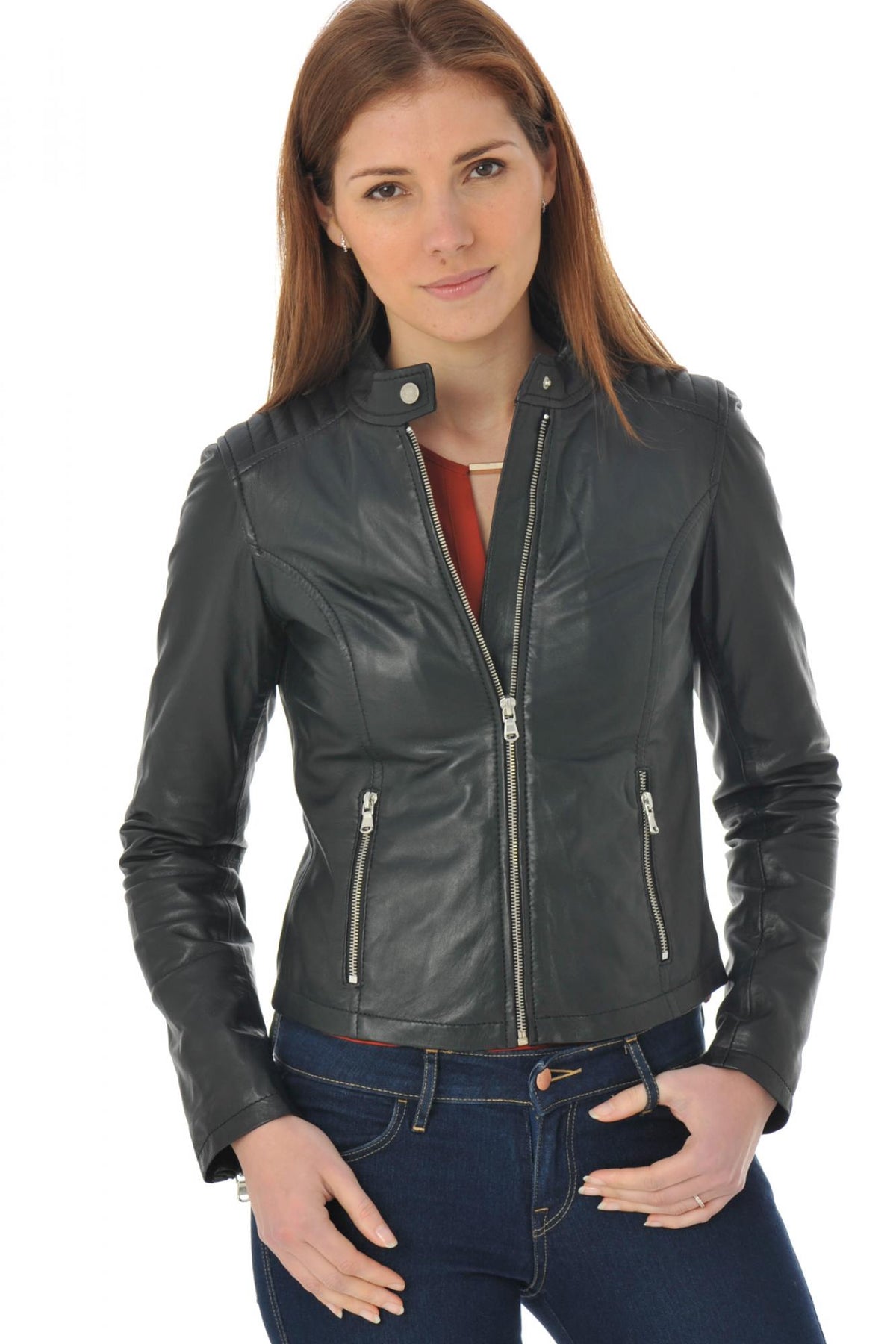 Stylish black leather biker jacket - Image n°1