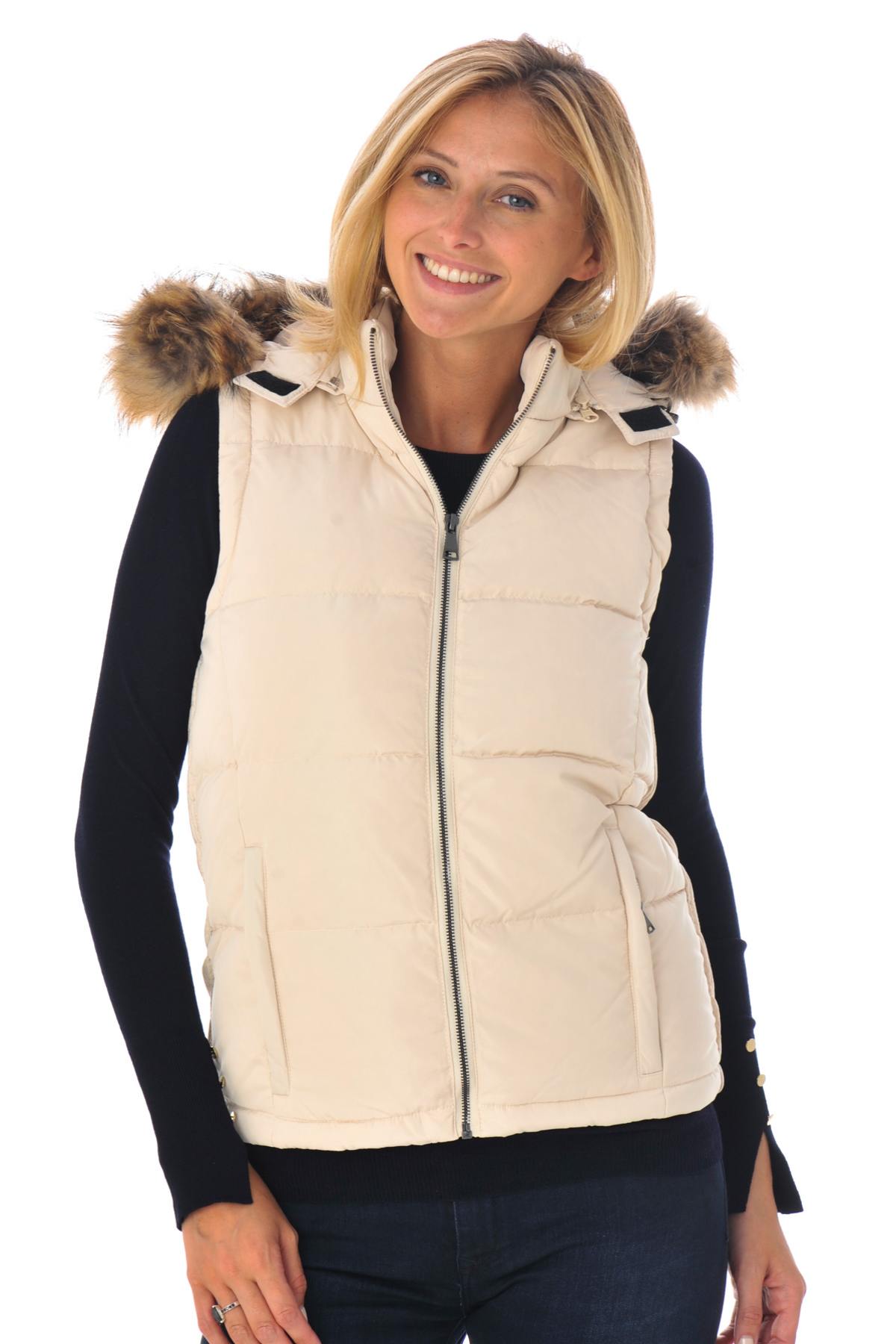 Women's ivory white down jacket with fur collar - Image n°3