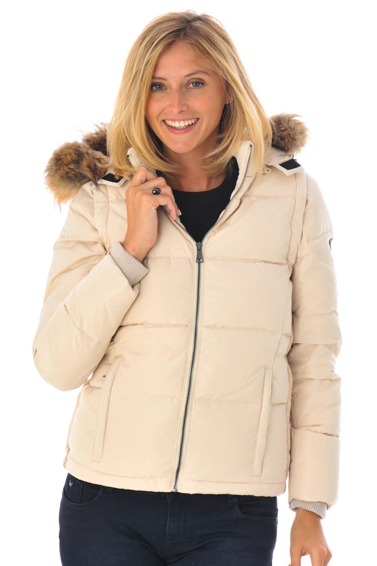 Women's ivory white down jacket with fur collar - Image n°1