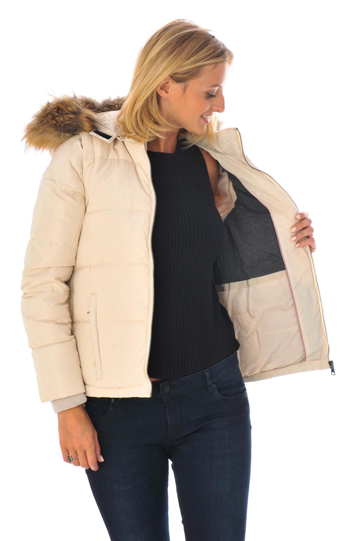 Women's ivory white down jacket with fur collar - Image n°6