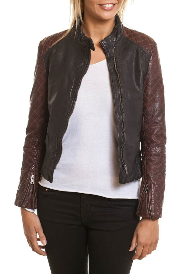 Women's Segura leather jacket Plum and black - Image n°2