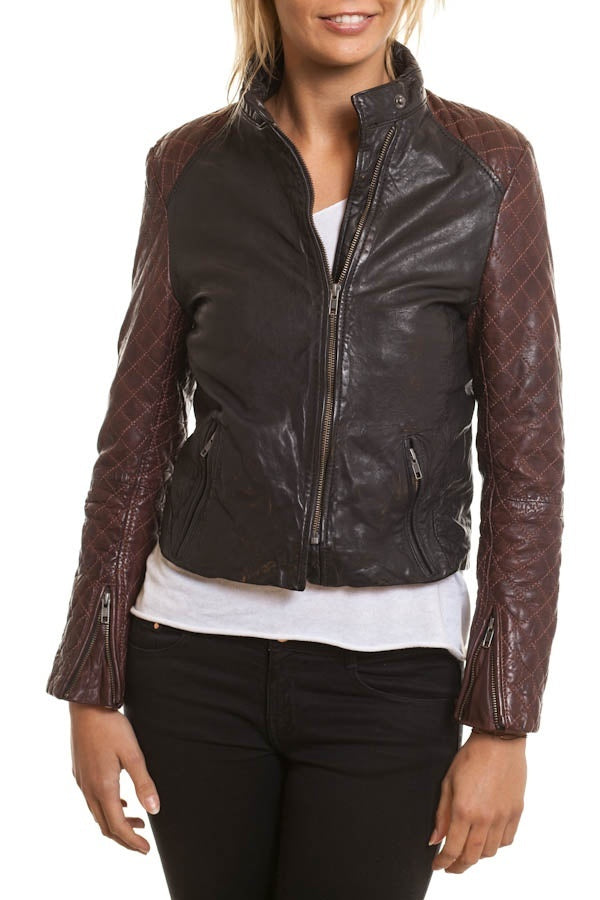 Women's Segura leather jacket Plum and black - Image n°1