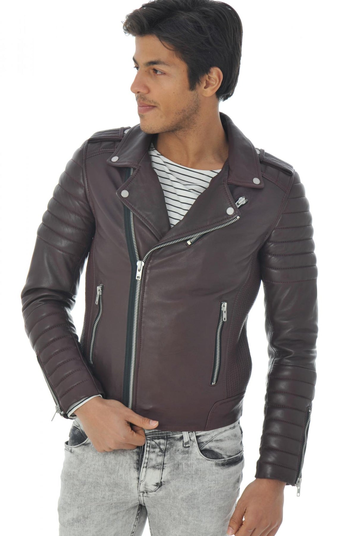 Burgundy Biker Jacket fit serge pariente - Image n°1