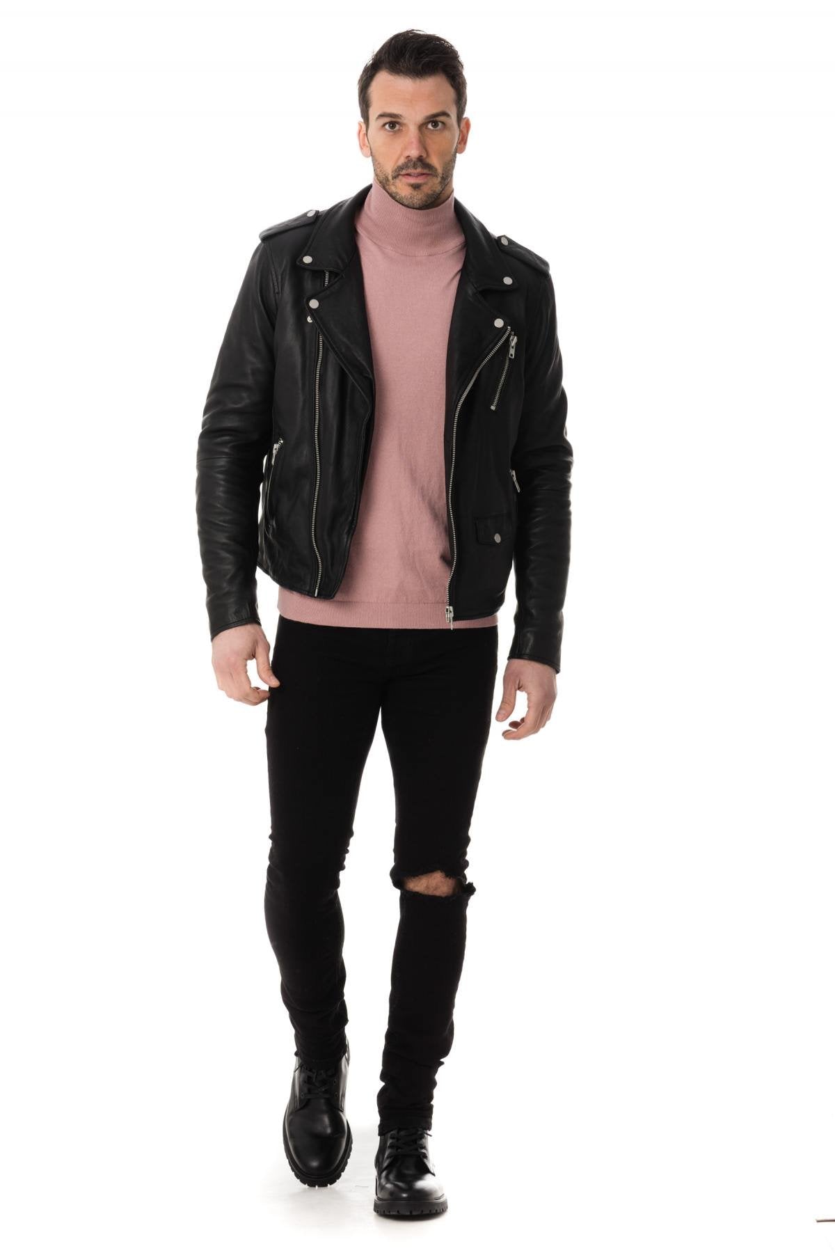 Men's fashion Biker Jacket in black leather - Image n°2