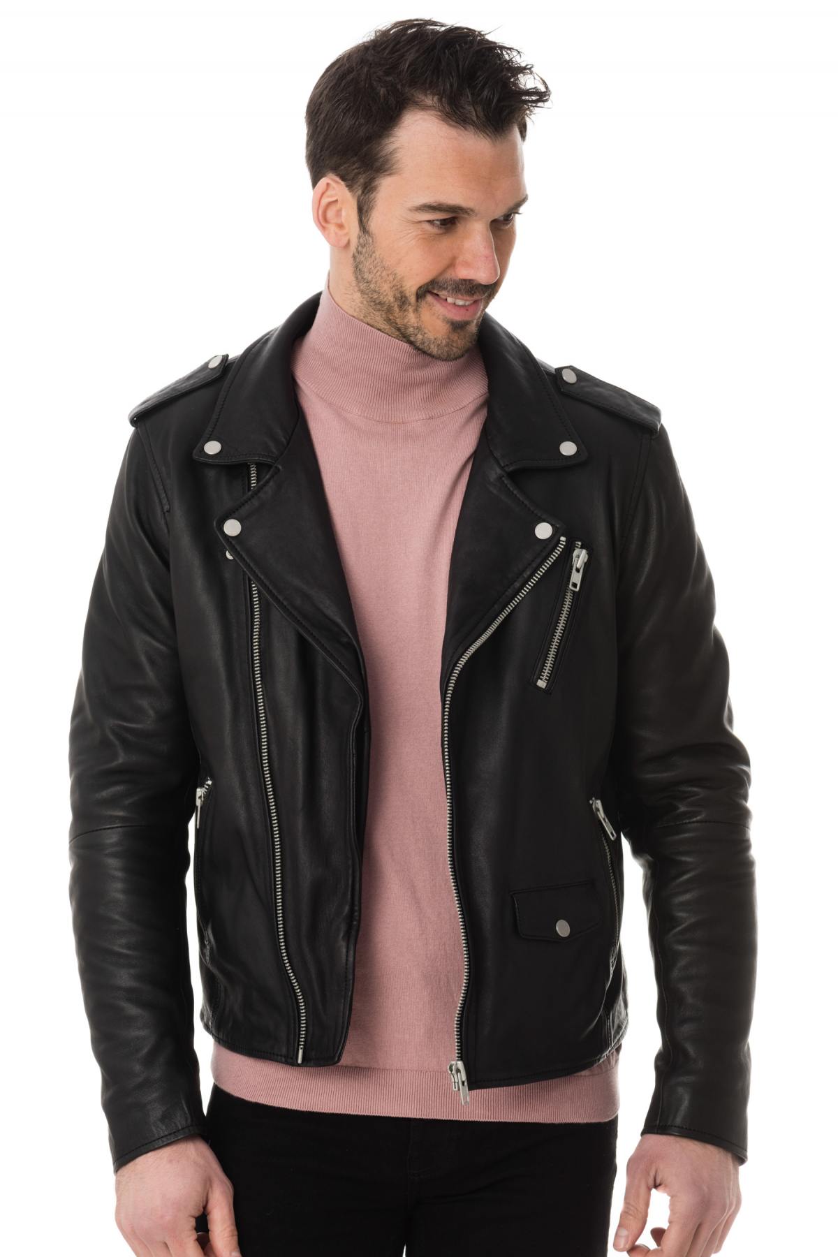 Men's fashion Biker Jacket in black leather - Image n°1