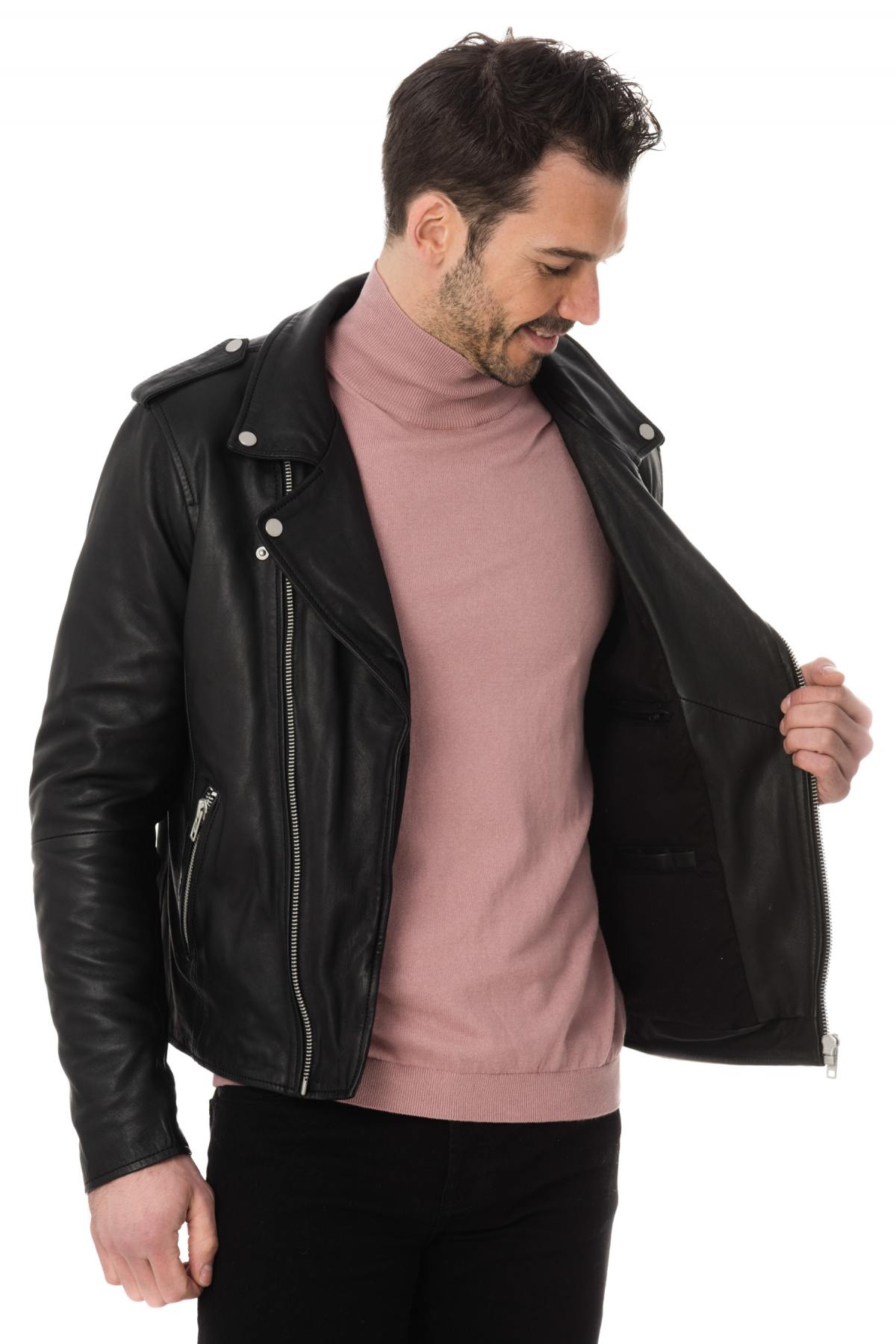 Men's fashion Biker Jacket in black leather - Image n°4